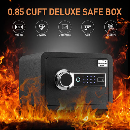 Tenamic Biometric Fingerprint Safe Box 0.85 Cubic Feet Fireproof Waterproof Safe Box with Induction Light and Leather, Solid Alloy Steel Office Hotel Home Cabinet Safe, Black