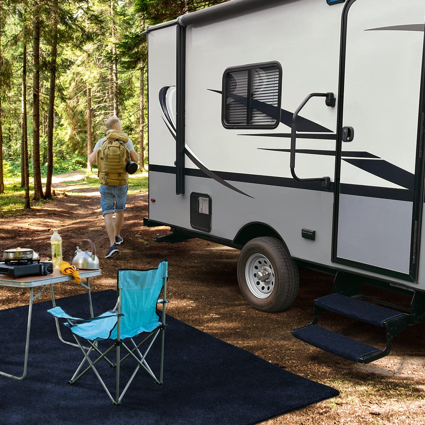 Prest-O-Fit 3-Pack 2-4048 Wraparound Radius RV Step Rug Imperial Blue 22 in. Wide