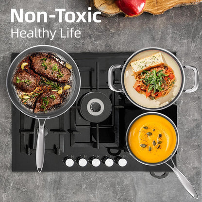 COOKER KING Non-toxic Frying Pans Set of 3 (8+10+12 Inch), Tri Ply Stainless Steel Pans, Induction Pan Set, Chef's Pan, Skillets Dishwasher & Oven Safe, Stay-Cool Handles, Compatible with All Cooktops