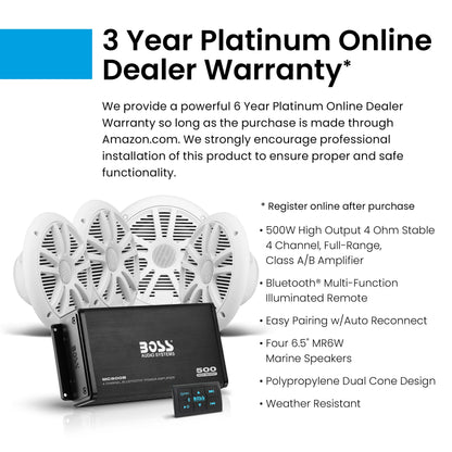 BOSS Audio Systems ASK904B.64 Marine Boat 6.5 inch Speakers and 4 Channel Amplifier - 500 High Output, Bluetooth Remote, USB and Auxiliary, Waterproof Pouch