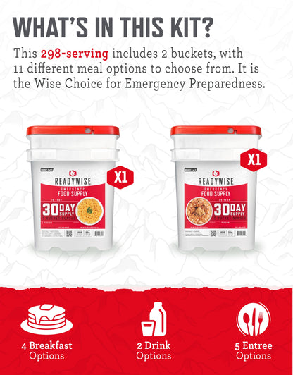 ReadyWise 30 Day Emergency Food Supply - 296 Servings, 2 Buckets, Freeze Dried Protein Meals, Survival Food Storage, Ready to Eat, Backpacking & Camping Essentials, up to 25 Year Shelf Life