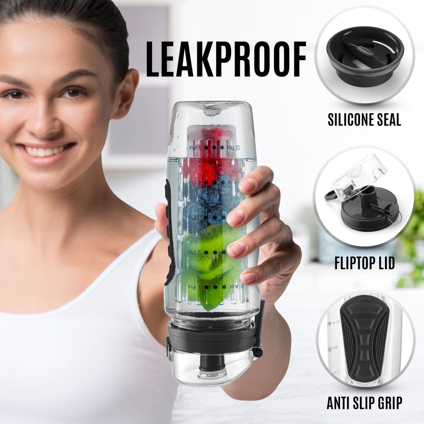 Zulay Fruit Infuser Water Bottle - 34oz - Leakproof With Full-Length Infusion Rod - Men Women's Ideal Fitness Gift Or For Gym, Camping - Black