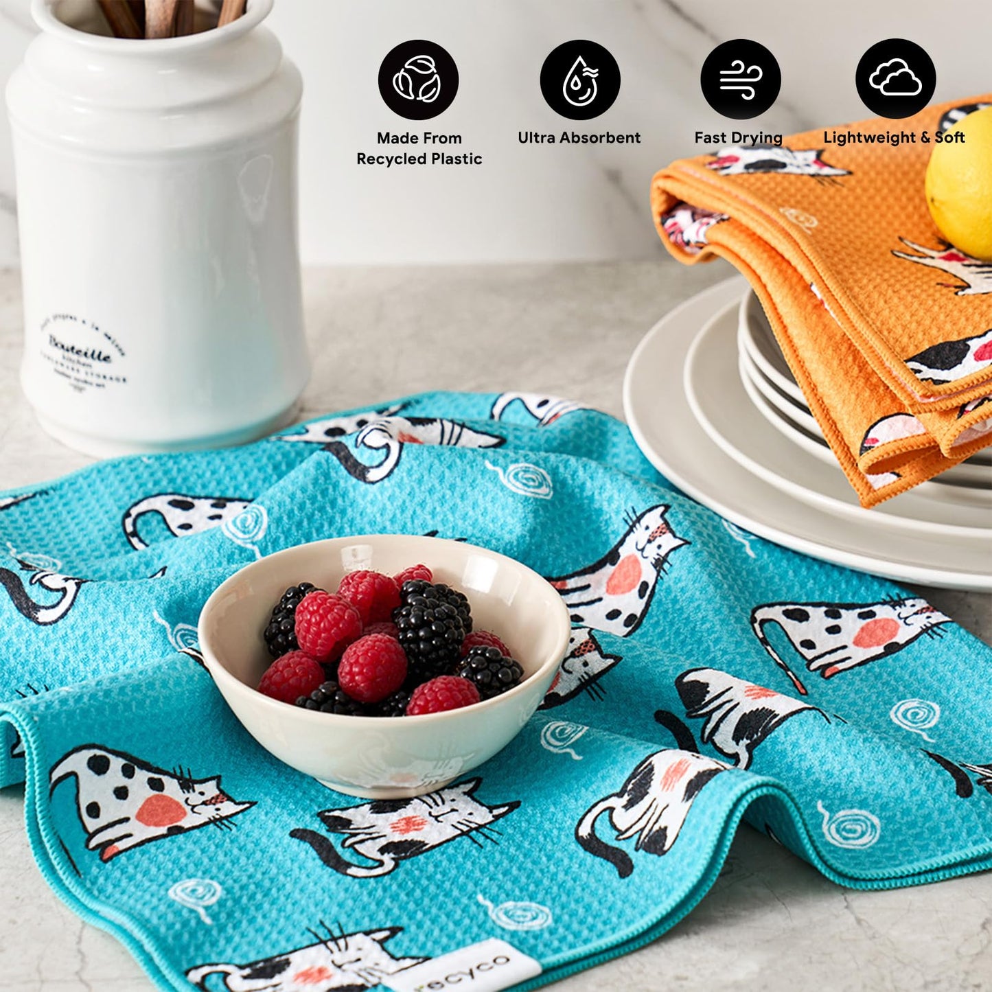 RECYCO Waffle Kitchen Towel Set of 2 - Quick Dry Microfiber Sustainable Dish Towels - Ultra Absorbent Reusable Cleaning Tea Towels - Lightweight Hand Towels,16”x 28”, Cuddly Cats