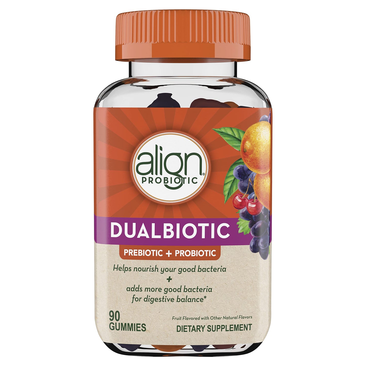 Align DualBiotic, Prebiotic + Probiotic for Women and Men, Help Nourish and Add Good Bacteria for Digestive Support, Natural Fruit Flavors, 90 Gummies