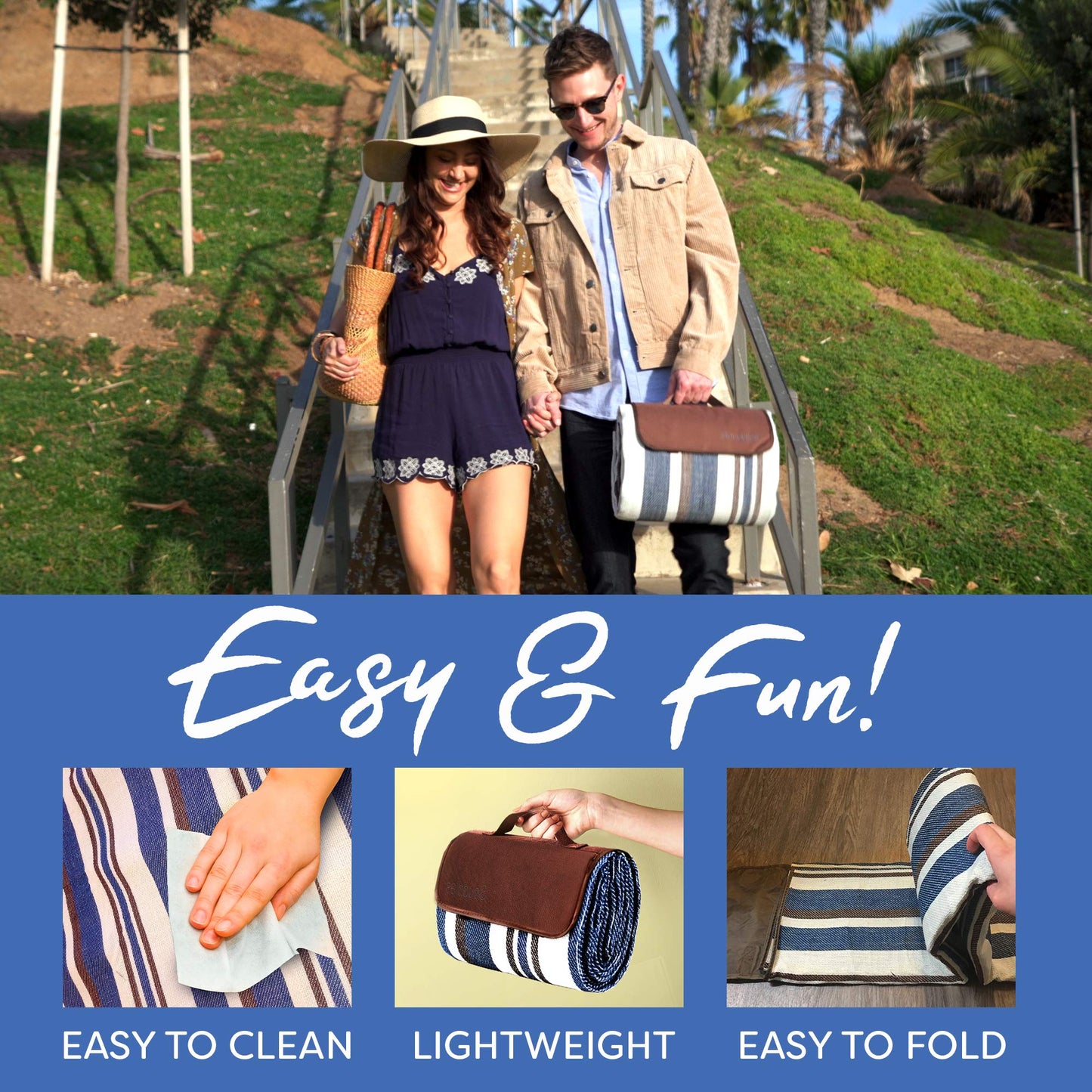 scuddles 60" x 60" Extra Large Outdoor Picnic Blanket – Waterproof, Foldable Travel Mat for Beach, Camping, Grass, Lawn, Park, Summers – Dual Layer, Soft Throw Rug Fits 4 Adults