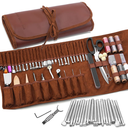 TLKKUE Leather Working Tools Leather Craft Tools for Carving Stamping Sewing Punching Cutting with Custom Custom Storage Bag Professional Tooling Kit for Crafting, Repair & DIY Projects