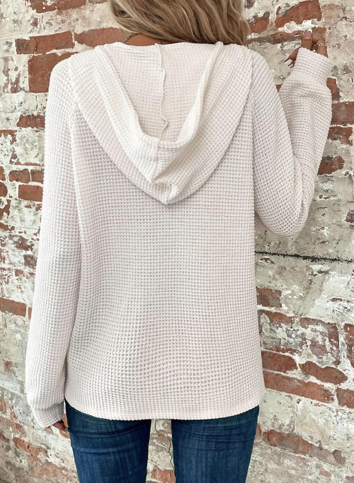 Dokotoo Hoodies for Women Oversized Waffle Knit Teacher Outfits for Women Drawstring Button V Neck Long Sleeve Casual Lightweight Sweatshirt Hooded Early Fall Fashion Clothes 2025 White Medium