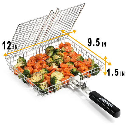 AIZOAM Grill Basket - Grill Baskets for Outdoor Grill, Stainless Steel Large Grilling Basket w Removable Handle, Portable Fish Grilling Rack for Grill Ideal Meat Fish Vegetables Grilling Accessories