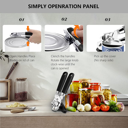 Can Opener,Professional 3-In-1 Multifunctional Manual Can Openers Bottle Opener,Kitchen Durable Stainless Steel Heavy Duty Can Opener Smooth Edge for Kitchen Seniors Friendly (Black)