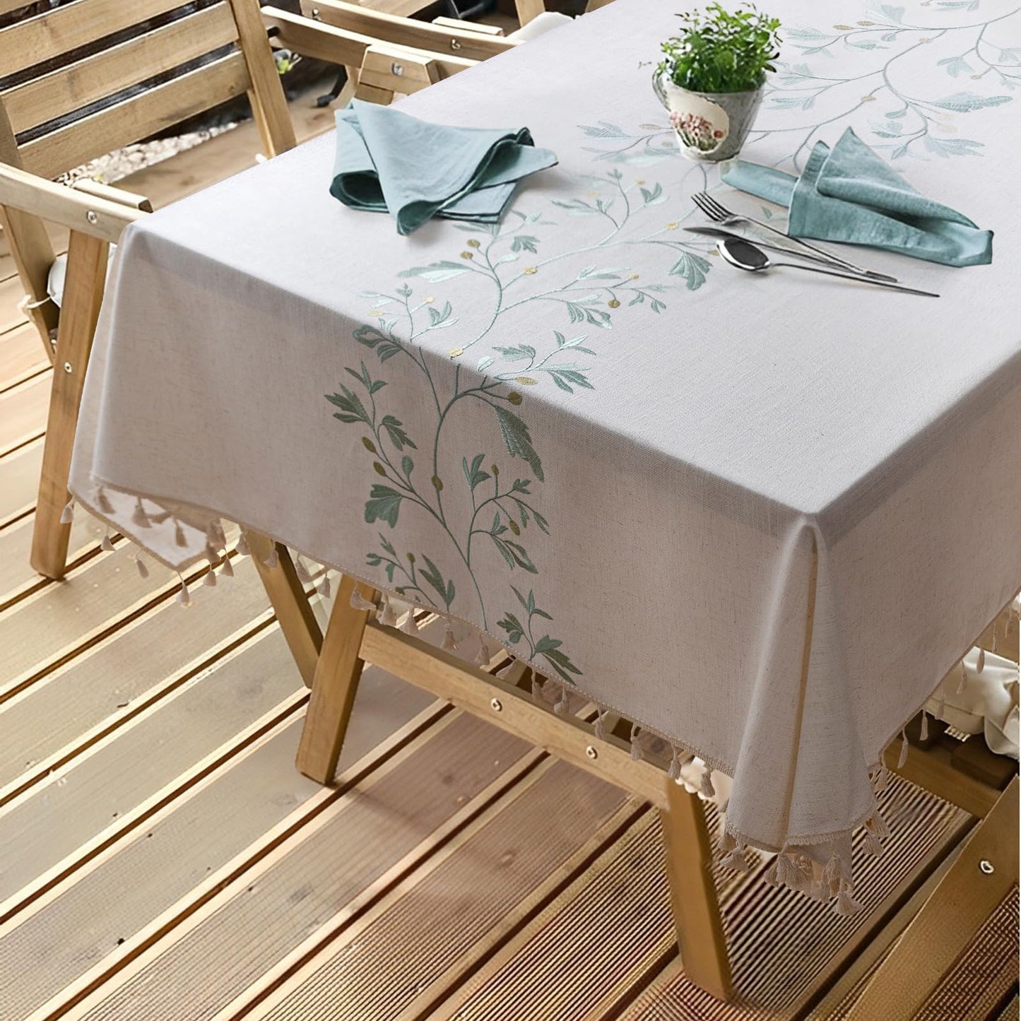 ColorBird Fabric Tablecloths for Rectangle Tables, 55x102 inch Washable Kitchen Table Cloth Rectangle, Green Leaves 8ft Tablecloth Burlap Table Cover for Dinning Picnic Party
