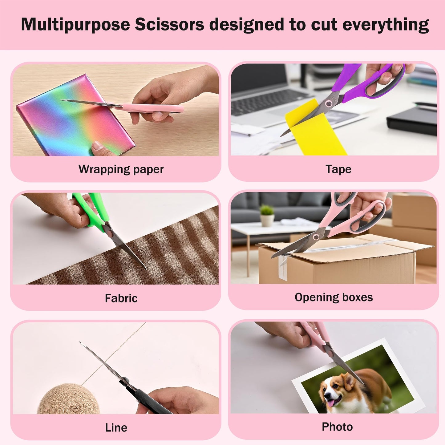 Scissors, Rkqoa 8" Adult Scissors All Purpose 6 Pack - Comfort-Grip Sharp Shears for Office School Sewing Fabric Craft Art Supplies, Teacher/Class Everyday Use, Right/Left Handles