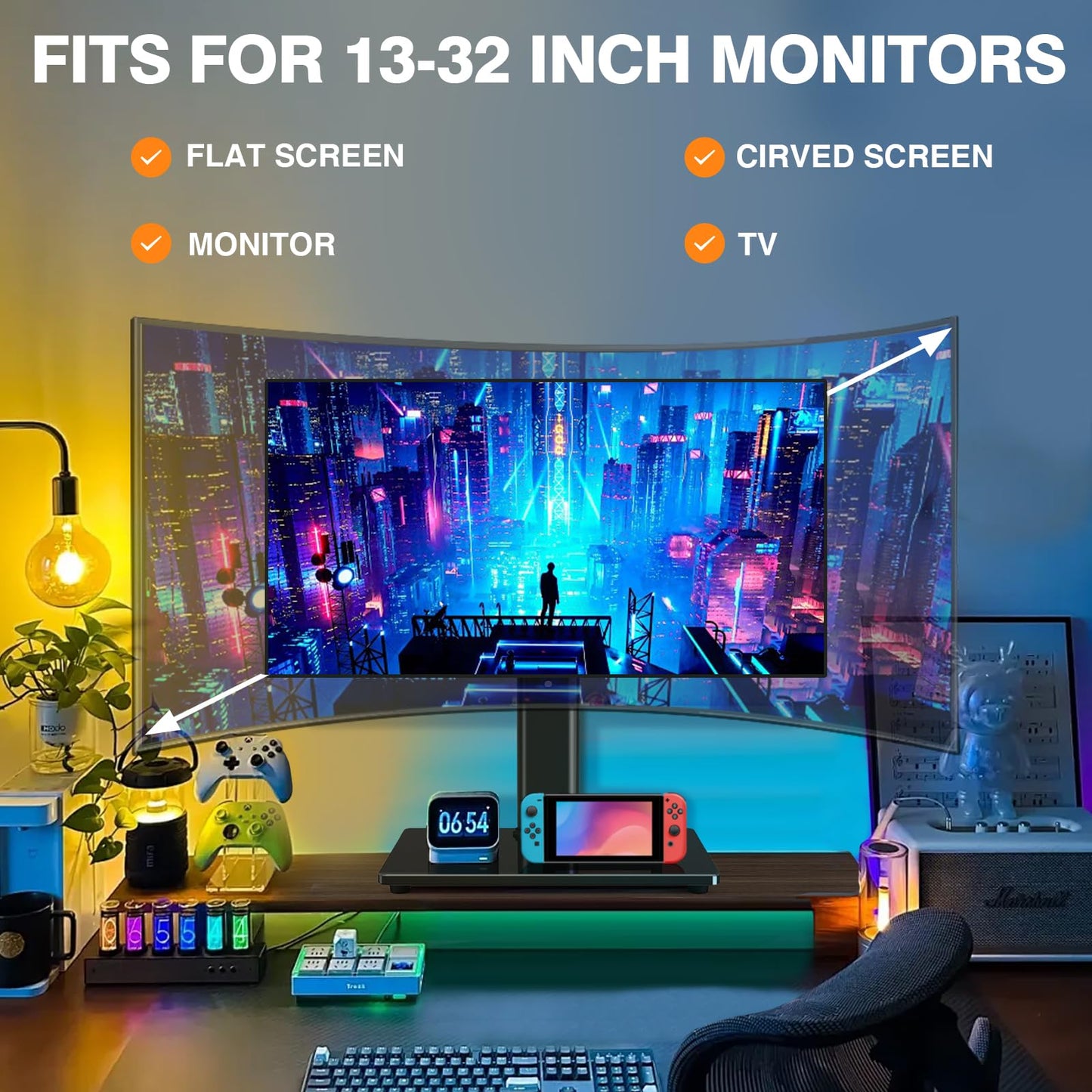 Single Monitor Stand VESA Mount for 13-32 Inch Screens, Free-Standing Monitor Riser with Swivel Tilt Rotation Height Adjustable, Universal Desk Stand up to 44lbs, VESA 75x75, 100x100mm