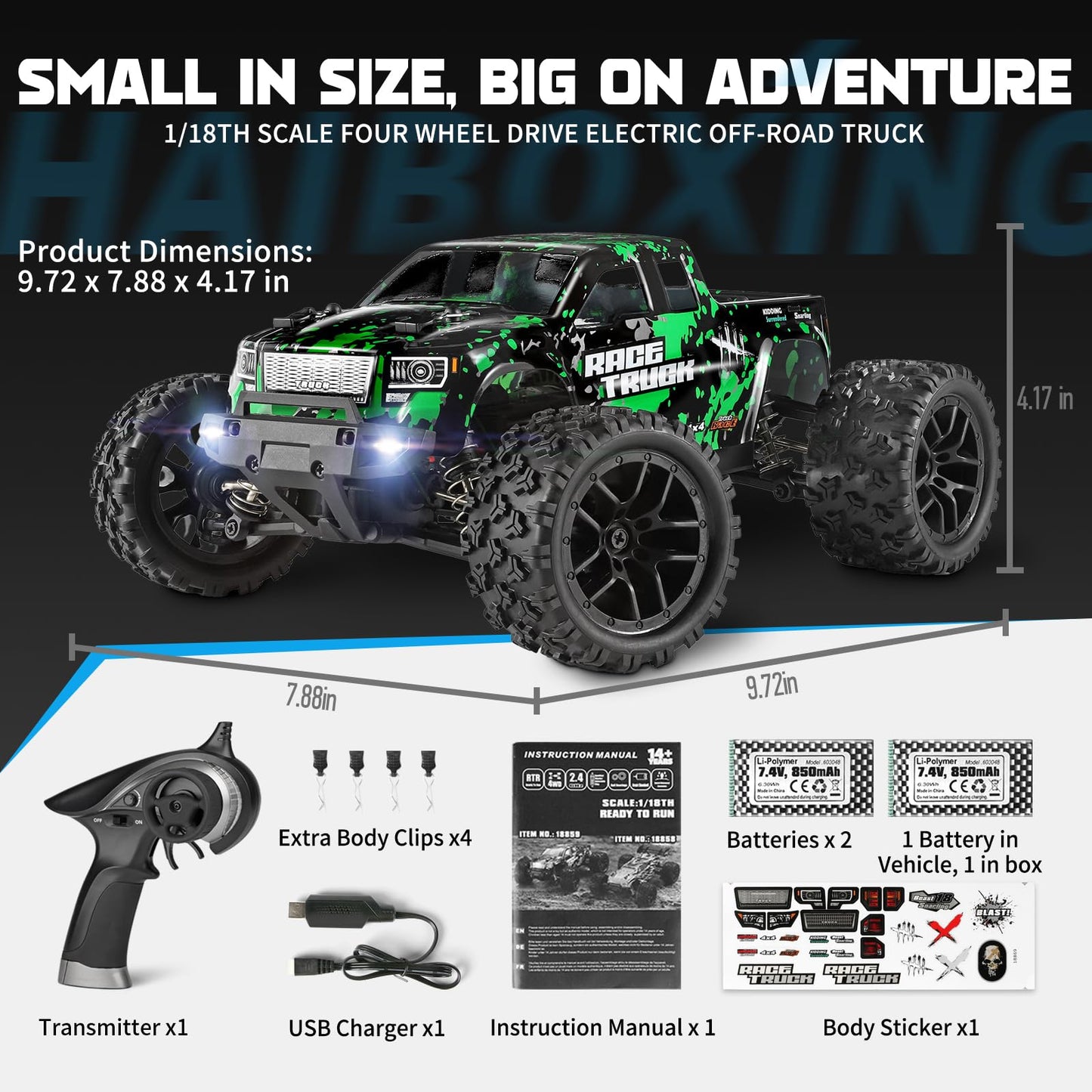 HAIBOXING 1:18 Scale All Terrain RC Car 18859, 36 KPH High Speed 4WD Electric Vehicle with 2.4 GHz Remote Control, 4X4 Waterproof Off-Road Truck with Two Rechargeable Batteries