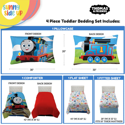 Sunny Side Up Mattel Thomas & Friends Toddler Comforter Set - 4 Piece Preschool Bedding Includes Comforter, Sheets & Pillow Cover - Super Soft Trains Microfiber Bed Set