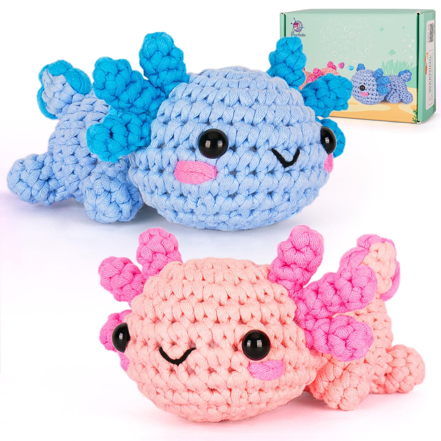 Crochetta Crochet Kit for Beginners, Crochet Starter Kit w Step-by-Step Video Tutorials, Easy Beginner Crochet Kit for Adults & Kids, Women & Men, Complete Kit Included (Axolotl 2Pack)