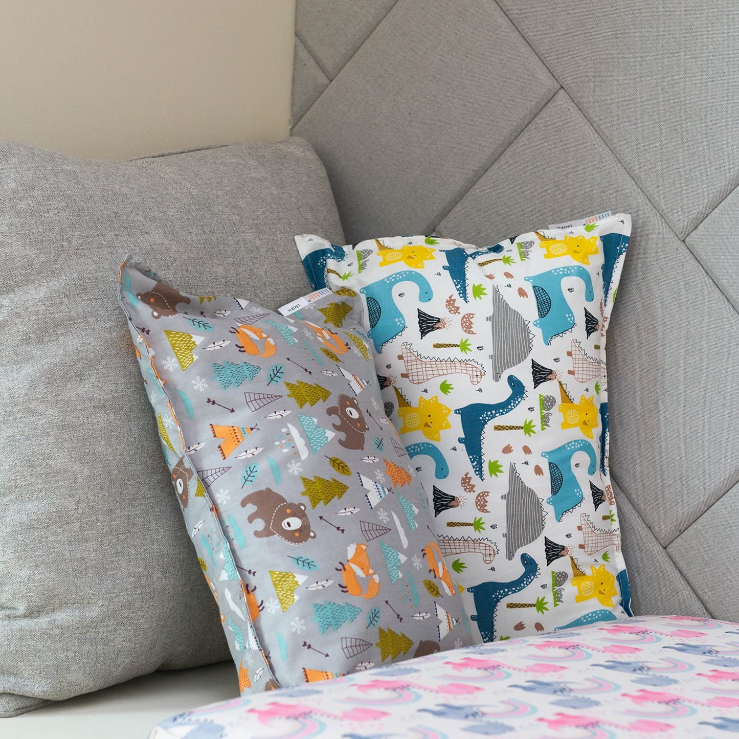 ALVABABY Toddler Pillowcases 2 Pack Organic Cotton Kids Pillow Cover Fit 13"x 18" or 12"x16" Envelope for Girl Boy Sleepy Travel Dinosaur Bear