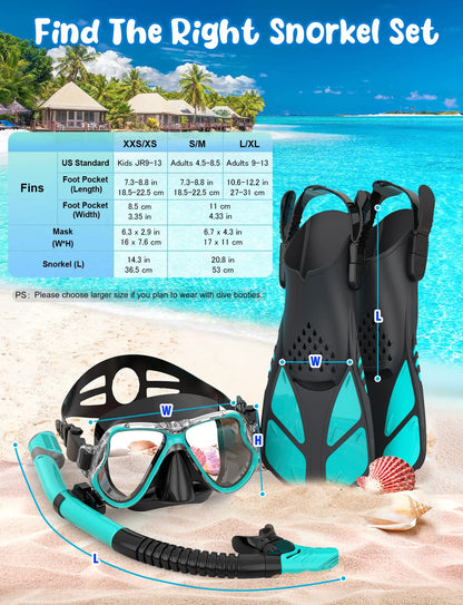 Zenoplige Mask Fins Snorkel Set, Snorkeling Gear for Adults, Panoramic View Snorkel Mask Anti-Fog, Adjustable Dive Flippers, Dry Top Snorkel and Travel Bag, Scuba Gear for Swimming Snorkeling Diving