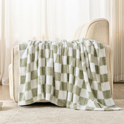 EMME Checkered Blanket Throw - 50"x60" Green Knit Blanket Soft Fluffy Patterned Throw Blankets for Couch, Sofa, Chair, Bed, Camping, Picnic, Travel