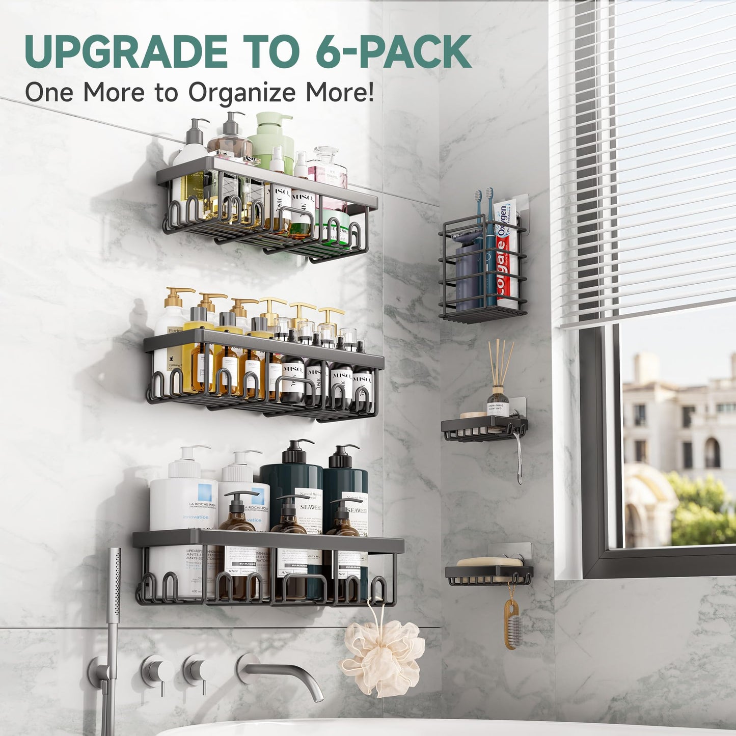Veken Rustproof & Waterproof Shower Caddy 6-Pack, No Drilling Adhesive Shelves Rack with Soap Holder, Large Capacity Bathroom Organizers and Storage, Wall-Mounted Kitchen & Home Decor