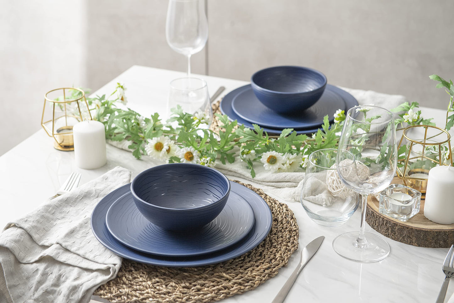 Bzyoo 12 Piece Melamine Dinnerware Set - Durable, Dishwasher Safe, Organica Navy Blue Plates and Bowls Sets Casual Dish Set for Dining, Outdoor and Kitchen