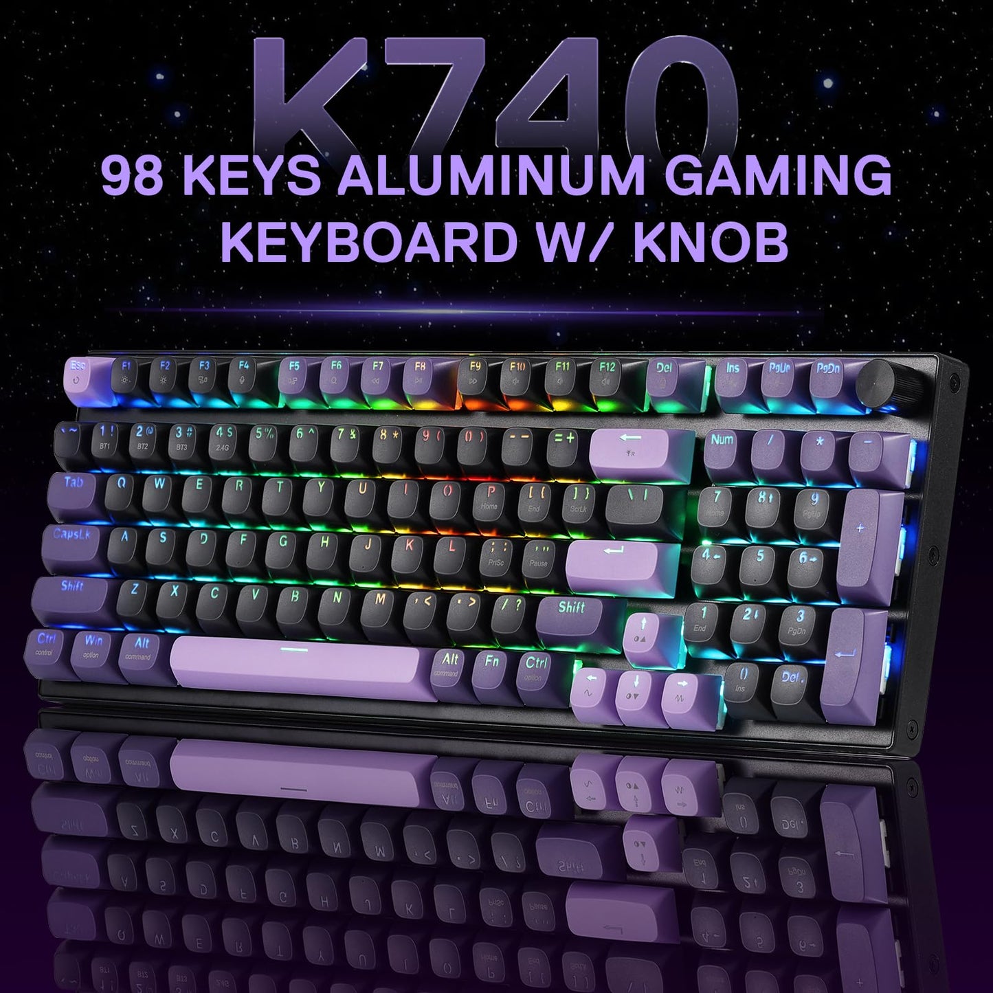 Redragon K740 PRO 98 Keys Wireless RGB Gaming Keyboard, 3-Mode PBT Mechanical Keyboard w/Solid Aluminum Base, Dedicated Knob Control & Hot-Swap Socket, Custom Linear Switch