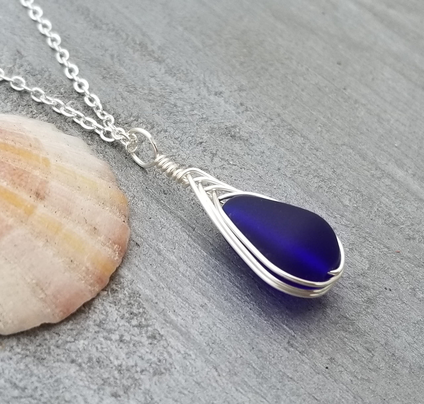 Yinahawaii Handmade Sea Glass Necklace, Hawaiian Jewelry For Women, Braided Teardrop Necklace, Unique Sea Glass Jewelry For Women Birthday Gift (Cobalt - September)