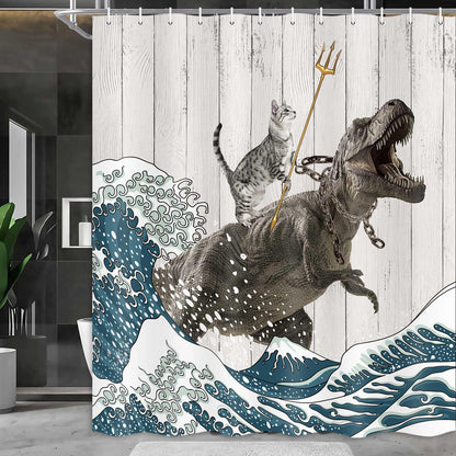 Boziqr Funny Cat Shower Curtain, Cool Cat Dinosaur Japanese Ocean Wave Decor Fabric Bathroom Curtains, Kids Children Rustic Wooden Farmhouse Shower Curtain, 70X70 Inches