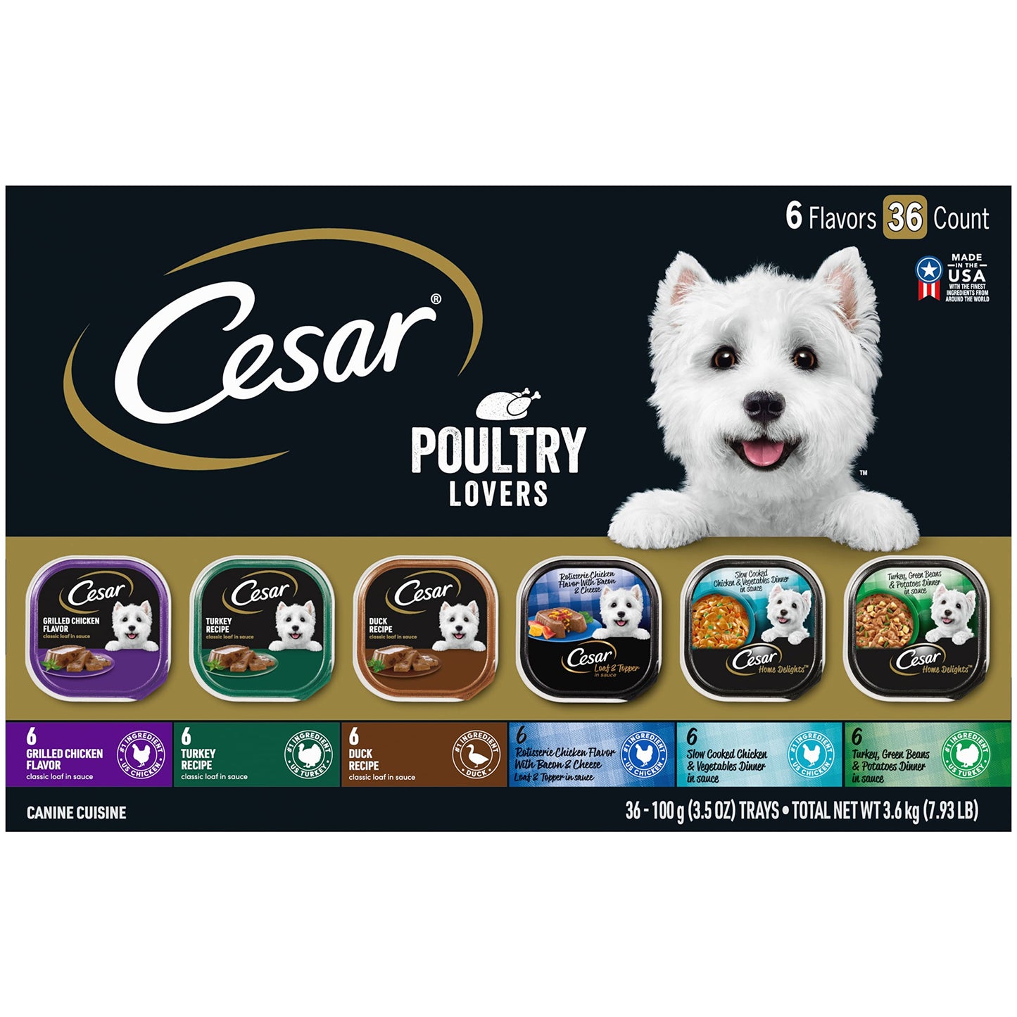Cesar Wet Dog Food Poultry Lovers Variety Pack with Real Chicken, Turkey and Duck, 3.5 oz. Easy Peel Trays (36 Count, Pack of 1)