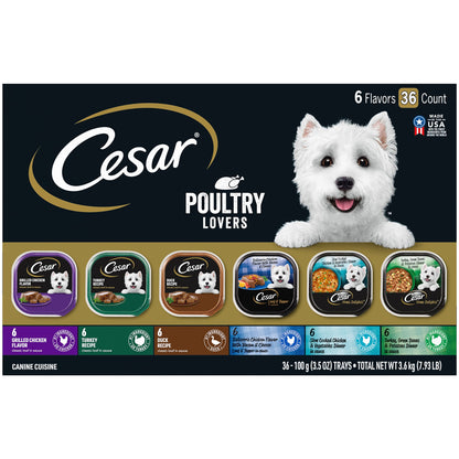 Cesar Wet Dog Food Poultry Lovers Variety Pack with Real Chicken, Turkey and Duck, 3.5 oz. Easy Peel Trays (36 Count, Pack of 1)