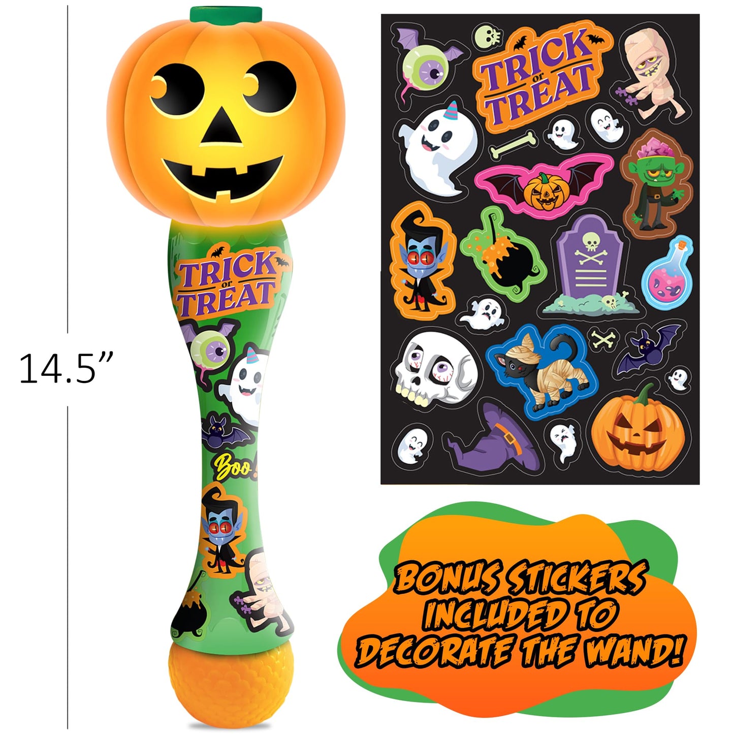 ArtCreativity Halloween Bubble Wand for Kids, 14" Light Up Pumpkin Bubble Wand for Toddlers with LED & Music, Halloween Boo Basket Stuffers for Kids, Haloween Toys for Toddlers