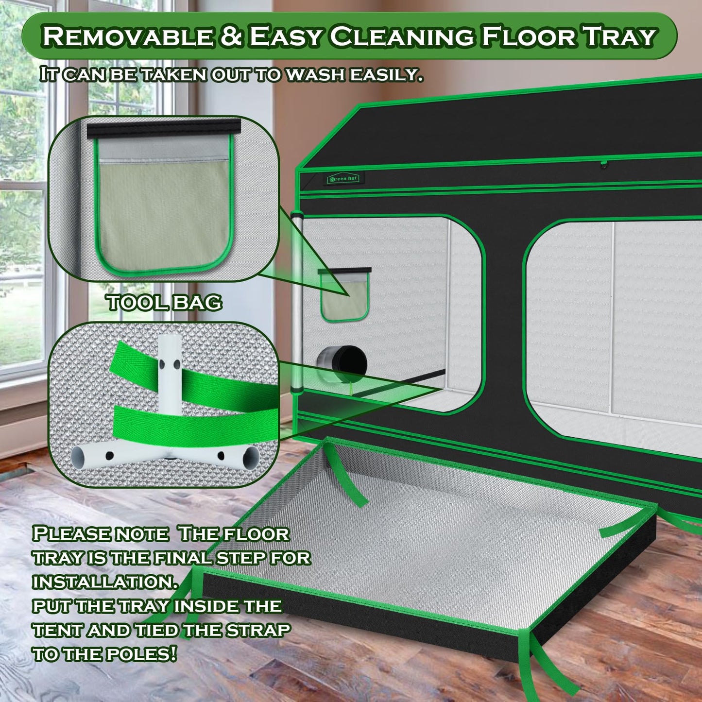 Green Hut 96"x48"x72" Roof Cube Grow Tent with Observation Windows, Lightproof, Mylar Hydroponic Tent with Floor Tray for Indoor Plant Growth