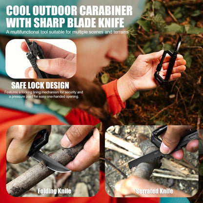 Carabiner Multitool 8-in-1 EDC Carabiners Pocket Knife, Serrated Knife, Rope Cutter, Screwdriver, Can Bottle Opener, Ruler, Survival Gear for Camping Climbing, Christmas Gifts for Men Women (Black)