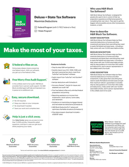 H&R Block Tax Software Deluxe + State 2022 with Refund Bonus Offer (Amazon Exclusive) [PC Download] (Old Version)