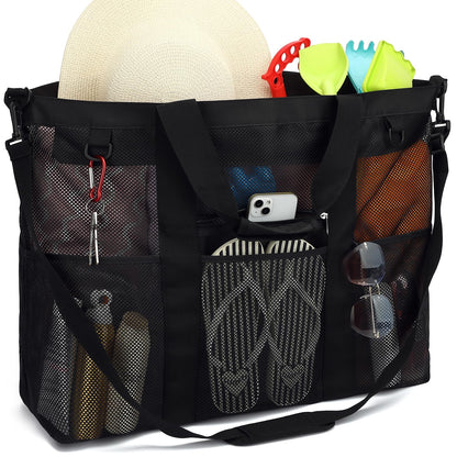 Fammart Extra Large Mesh Beach Bag for Family, Pool Travel Tote Bag with Zipper Closure, 10 Pockets, Sandproof Bottom