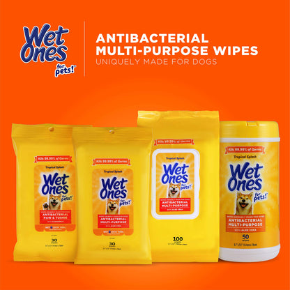 Wet Ones for Pets Multi-Purpose Dog Wipes With Aloe Vera | Dog Wipes For All Dogs in Tropical Splash, Wet Ones Wipes for Paws & All Purpose | 50 Ct Cannister Dog Wipes