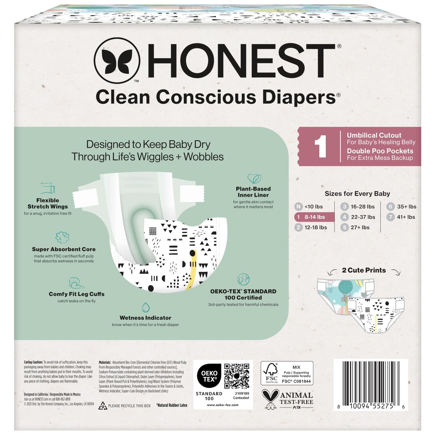 The Honest Company Clean Conscious Diapers for Delicate Skin | Up to 100% Leakproof | Hypoallergenic, Fragrance Free | Gender Neutral | Club Box, Size 1 (8-14 lbs), 78 Count (Prints May Vary)