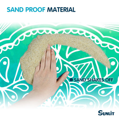 Sunlit 10'x9' Extra Large Boho Sand Proof Beach Blanket, Sand Proof Mat with Corner Pockets and Mesh Bag for Beach Party, Travel, Camping and Outdoor Music Festival, Bright Turquoise Mandala