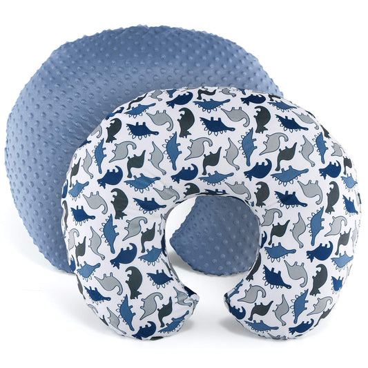 The Peanutshell Nursing Pillow Cover Set of 2 - Soft Newborn Nursing Baby Girl or Boy Pillow Covers, Supportive & Comfortable Breastfeeding, Tummy Time Must Haves, Baby Essentials - Dino & Blue Minky
