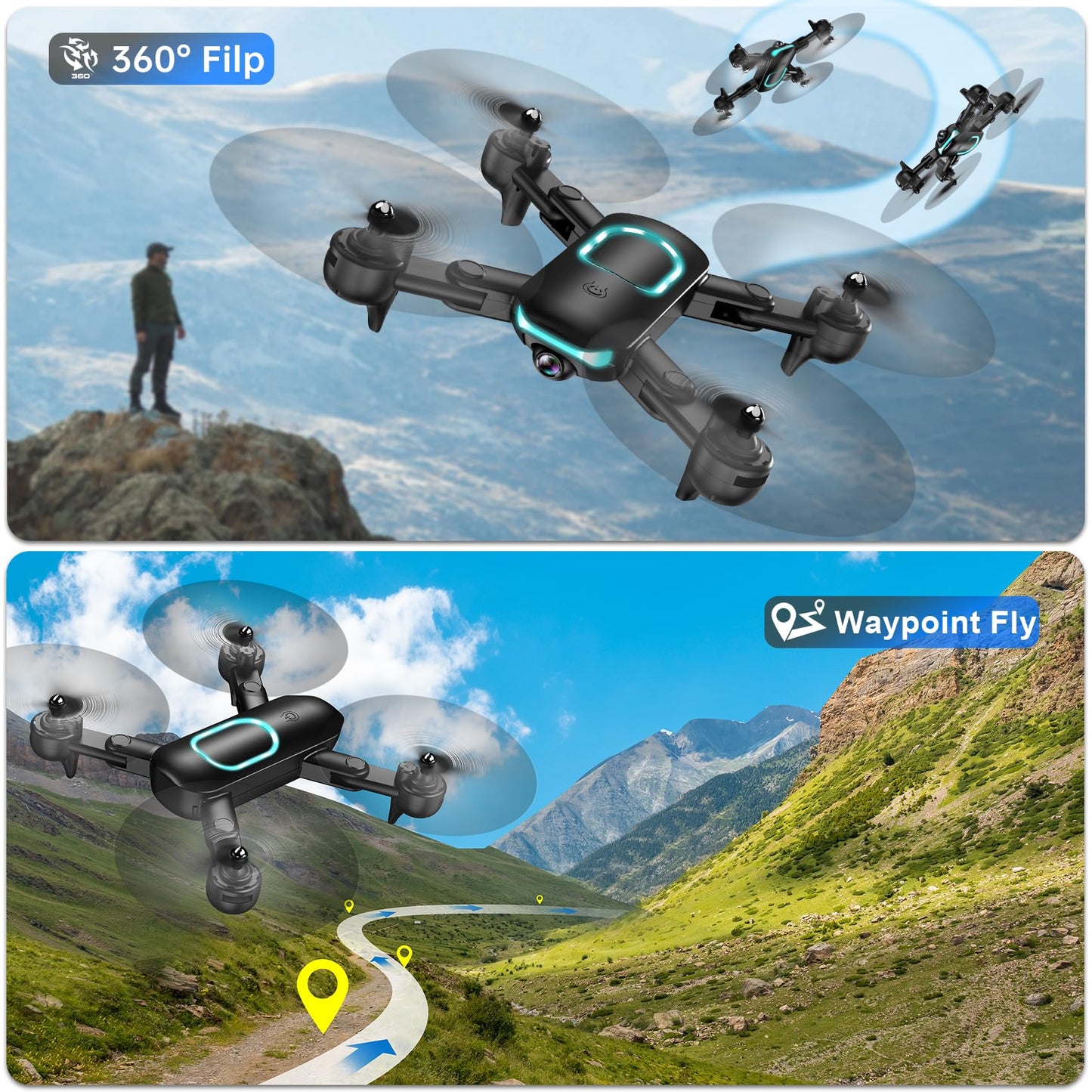 REDRIE Drone with 1080P Camera for Beginners, Foldable, Altitude Hold, Gestures Selfie, Waypoint Fly, Headless Mode, 3D Flip, One Key Start, 3 Speed Modes, Circle Fly, 2 Batteries