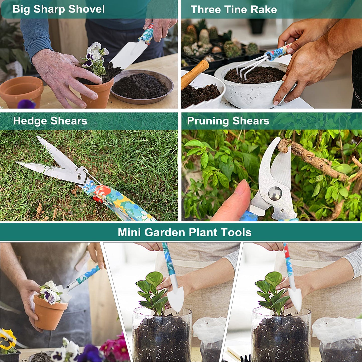 Tbltaca Garden Tool Set, Stainless Steel Heavy Duty Gardening Tools 30 PCS w/Floral Print, Trowel Rake Weeder Pruner Shears Sprayer Digging Claw Gloves, Ideal Gardening Set for Women
