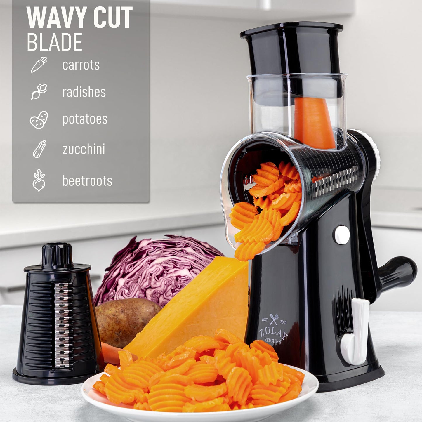 Zulay Kitchen Rotary Cheese Grater 5 Blade Cheese Shredder - Manual Hand Crank Cheese Grater With Reinforced Suction & 5 Interchangeable Drums - Easy to Use, Vegetable Chopper Round Mandoline Slicer