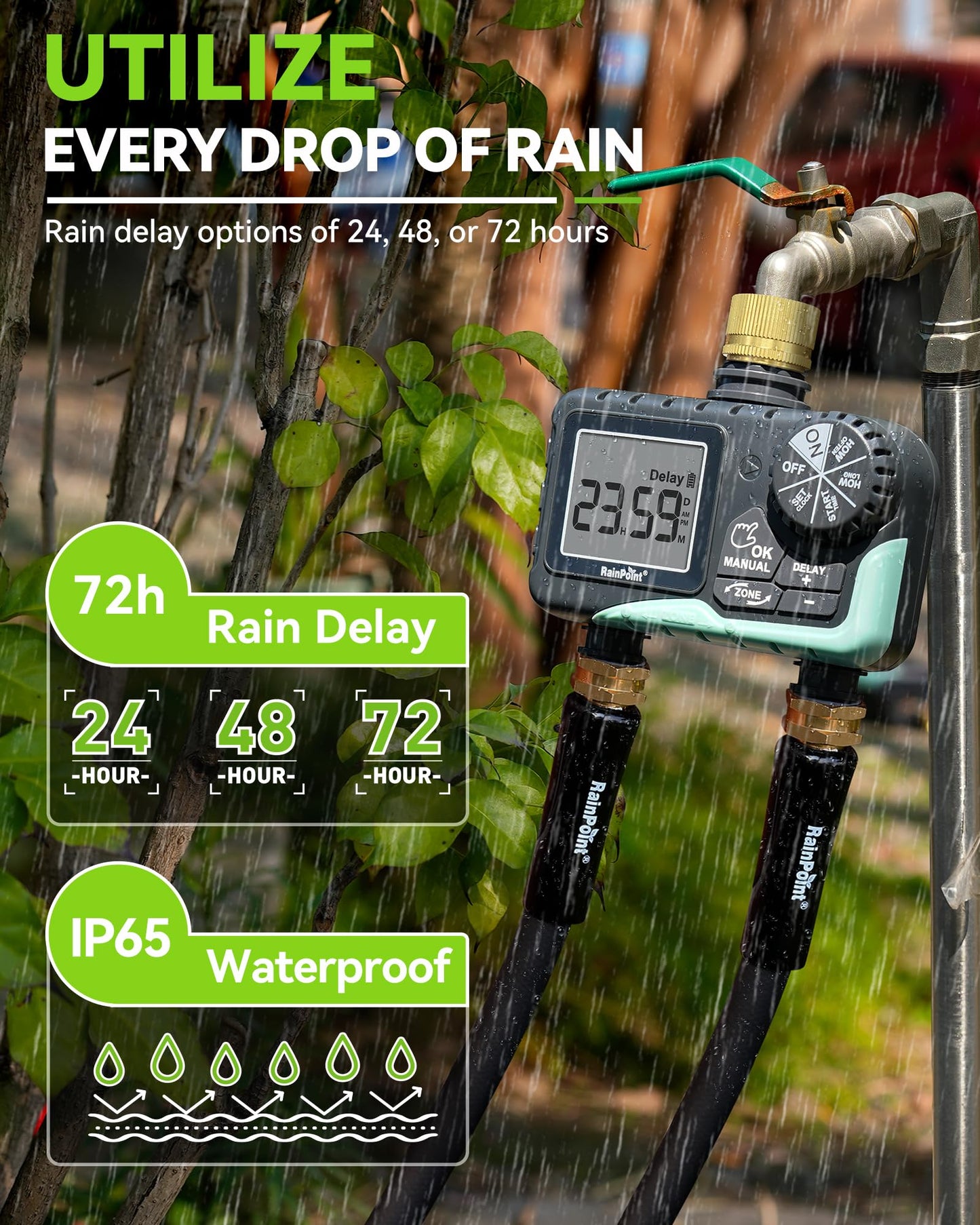RAINPOINT Water Timer for Garden Hose - Sprinkler Timer with Brass Swivel - Rain Delay/Manual Watering/Automatic Irrigation Programmable Faucet for Yard, 2 Outlet