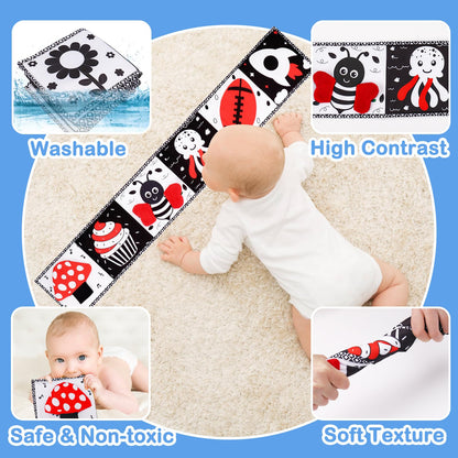 Black and White High Contrast Toys for Baby 0-3 3-6 Months Infant Tummy Time Soft Book Sensory Musical Toy 0-2-4-6 Month Babies Brain Development Montessori Crinkle Book Mirror Newborn Shower Gifts