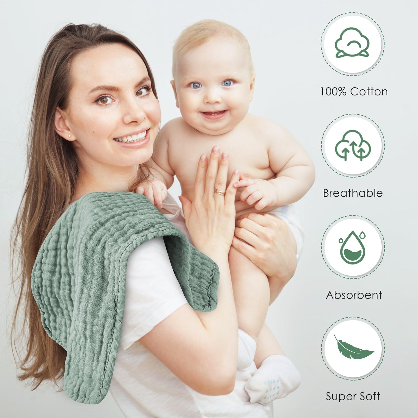 Spotted Play Muslin Burp Cloths 100% Cotton Large 20''x10'' Extra Soft and Absorbent Baby Wash Cloths Spit Up Rags - Baby Burping Cloth for Boys Girls Items(12 Pack Green)