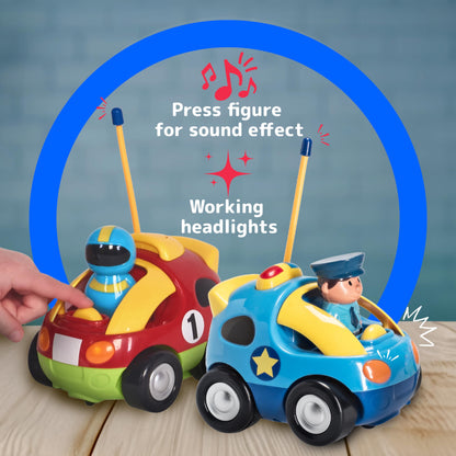 PREXTEX Cartoon Remote Control Car - 2-Pack Police and Race Car Toddler Toys - RC Cars for Kids with Different Frequencies - Easy Remote Control Toy and Thoughtful Gifts for Boys and Girls