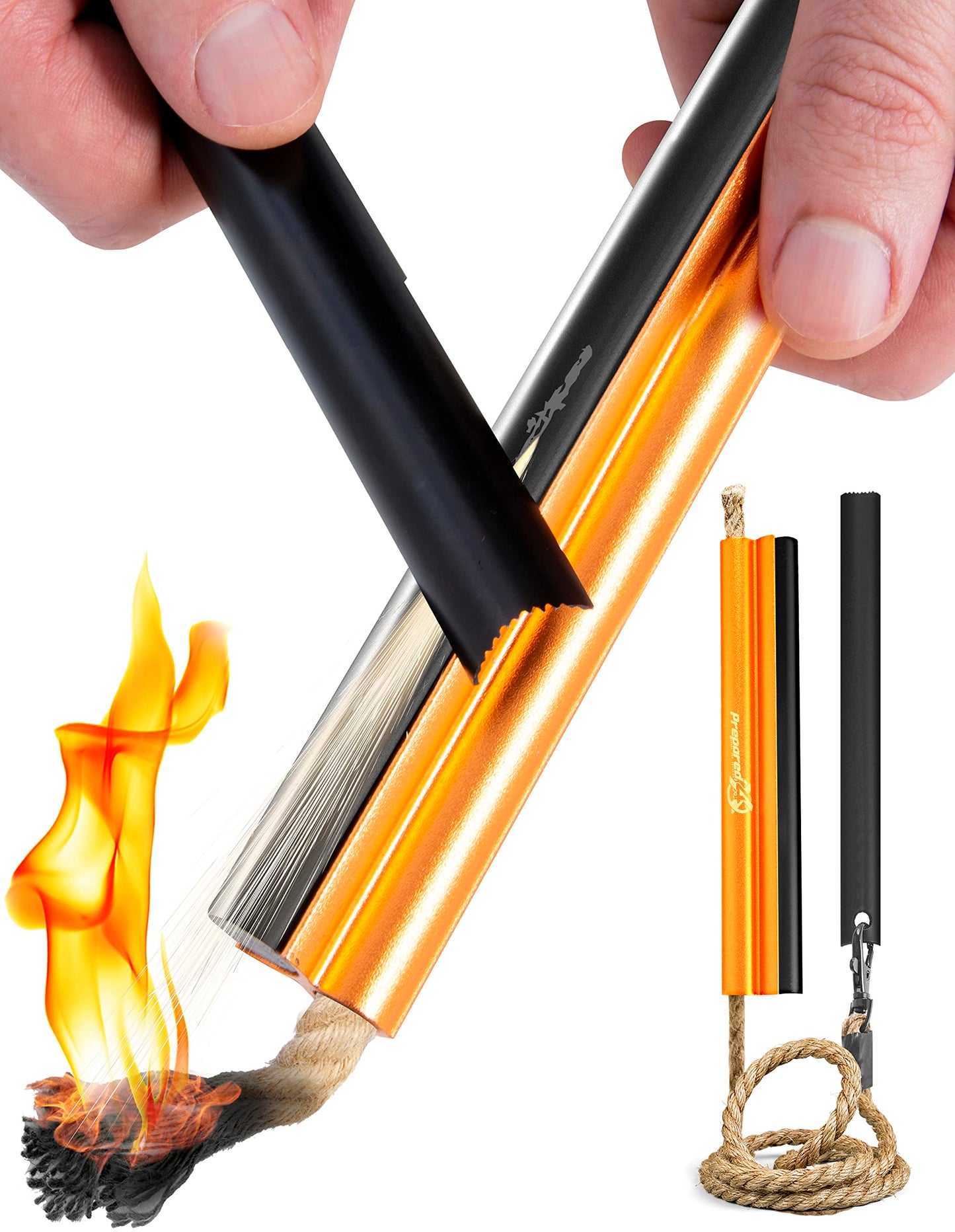 Fire Starter Survival Tool - All-in-One Patented Flint and Steel Fire Starter Kit - Ferro Rod Fire Starter with 36" Waterproof Tinder Wick Rope and Steel Fire Striker | Prepared4X