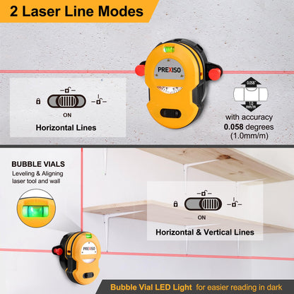 PREXISO Multi Surface Laser Level LED Light Vial, 30Ft Horizontal & Vertical Line Laser with Wall Mount Base, 2 Pins, 10 Sticker, 2 AA Batteries for Hanging Frames & Picture, Construction Wall Writing