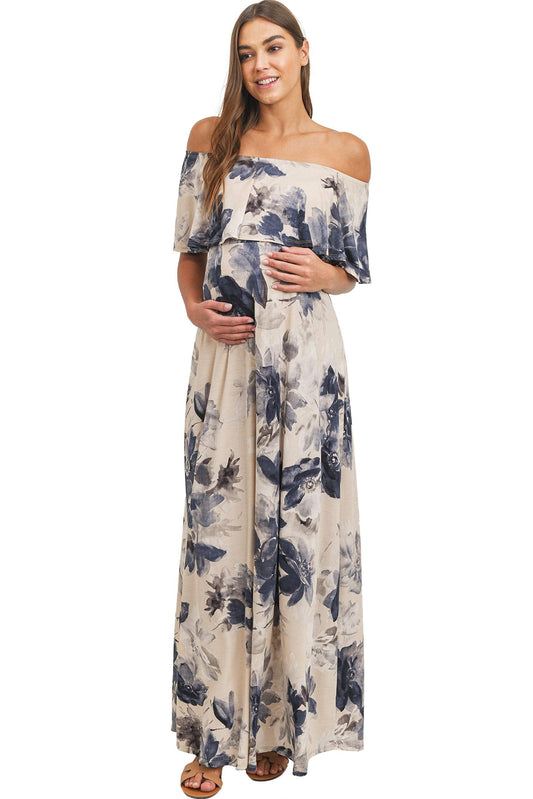 Women's Off Shoulder Ruffle Maxi Maternity Dress (Taupe/Navy Floral, L)