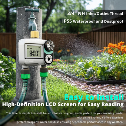 QUOBAS 2 Zone Sprinkler Timer with Brass Inlet & Outlet, Programmable Water Timer for Garden Hose with Rain Delay/Manual Watering/Automatic Irrigation Controller System for Yard, Lawn