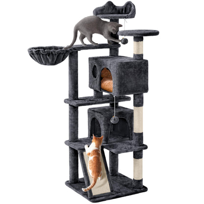 Yaheetech 57 inches Cat Tree for Indoor Cats, Multi-Level Cat Tower w/ 3 Perches, 2 Cat Condos, 2 Hanging Balls and Scratching Posts, Dark Gray